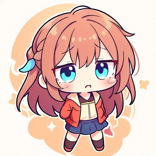 a chibi emoji of an shy anime girl with reddish brown long hair fishtail style, blue eyes,sharp jawline, crying, teary eyes, sad , depressed 