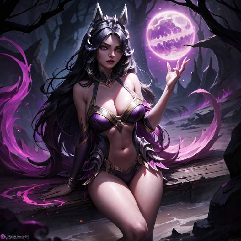 Coven Ahri, bem detalhado, black and purple bikini, na praia, mostrando o corpo todo, bastante sensual, durante o por do sol, com suas 9 caldas bastante chamativas.