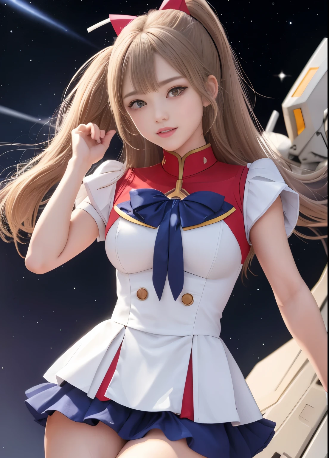 (highest quality)、(masterpiece)、detailed、realism、Mobile Suit Gundam F91 personification、Great highlights on the upper body, Powerful Mech、Beam rifle、girl、Chibi Character、22 years old, , Flower Helmet、ponytail、Droopy eyes、Modest nose、Moisturized lips、Red cheeks、smile、Round protruding butt、Wet chubby thighs、mini skirt、Spread your legs、Pussy、Standing pee、Very affectionate love relationship、Space、Enemy battle scene、Be enchanted by amazing beauty、