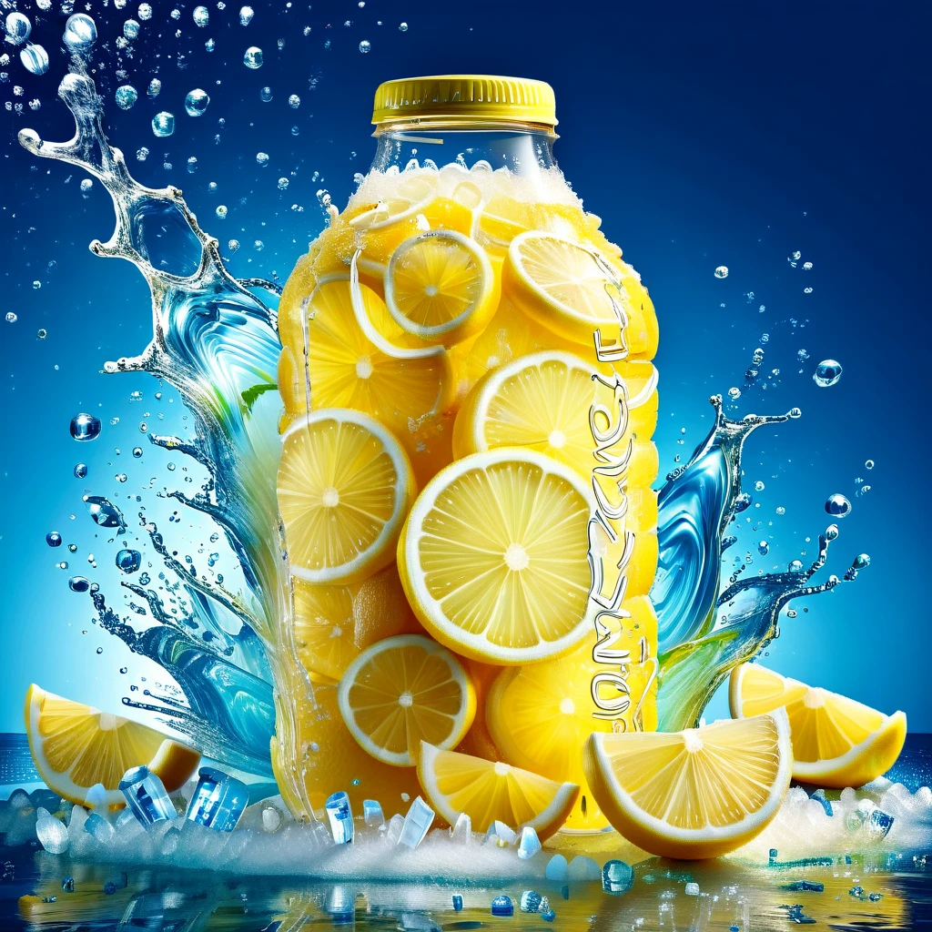 A high-detail, realistic image of a tin can soft drink bottle, themed around lemon flavours. The drink bottle is surrounded by slices of lemon and ice cubes, with wisps of chilly vapor wrapping around the arrangement, personifying the cold freshness of the beverage. Also prominently included is a 3D text saying 'Lemon Fresh'. This vivid scene should conjure the refreshing sensation of a fizzy lemon drink on a warm day. The final image is preferred to have the richness and clarity of a 4K resolution image.