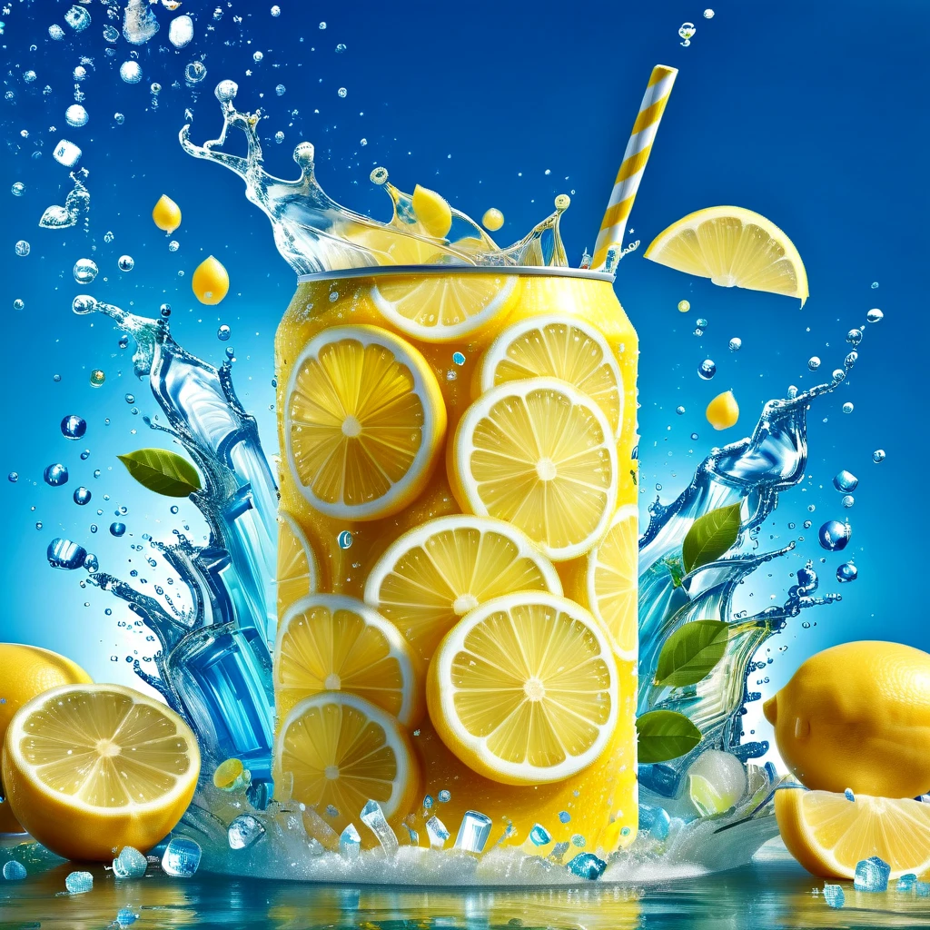 A high-detail, realistic image of a tin can soft drink bottle, themed around lemon flavours. The drink bottle is surrounded by slices of lemon and ice cubes, with wisps of chilly vapor wrapping around the arrangement, personifying the cold freshness of the beverage. Also prominently included is a 3D text saying 'Lemon Fresh'. This vivid scene should conjure the refreshing sensation of a fizzy lemon drink on a warm day. The final image is preferred to have the richness and clarity of a 4K resolution image.