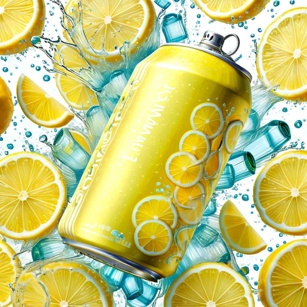 A high-detail, realistic image of a tin can soft drink bottle, themed around lemon flavours. The drink bottle is surrounded by slices of lemon and ice cubes, with wisps of chilly vapor wrapping around the arrangement, personifying the cold freshness of the beverage. Also prominently included is a 3D text saying 'Lemon Fresh'. This vivid scene should conjure the refreshing sensation of a fizzy lemon drink on a warm day. The final image is preferred to have the richness and clarity of a 4K resolution image.