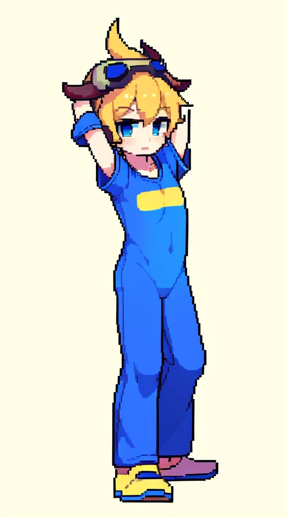 Two-dimensional boy，One-piece pajamas，horn，Put the headphones on your head，stand up，goggles，sports shoes，Slim，Sailor collar，Short sleeve，Leg ring