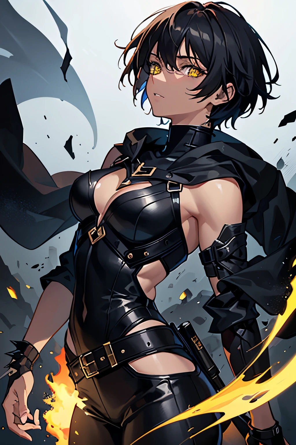 (high-quality, breathtaking),(expressive eyes, perfect face) ((1boy)), male, solo, young adult, black hair, yellow eyes, (short spiky hairstyles) short hair length, (dark skin), soft serious expression, Archer profession, thief attire, cargo pants, lots of belts, Black leather armor, cloak and dagger, environment background, fantasy clothing, fantasy attire, DnD rogue Class, half body, black and brown clothing palette, ((tan skin color)), rogue, leather arm guards, fantasy, (big Stigmata), character focus, ((black light)),((dark lighting)), cinematic lighting ,(darkness), (concept art), (glowing eyes), high resolution, extremely detailed CG unity 8k wallpaper, ((masterpiece)), ((top-quality)), (beautiful illustration), ((an extremely delicate and beautiful)), (masterpiece, Best quality, ultra high resolution), glowing yellow eyes, Luminous_eyes, ultra detailed eyes, Beautiful and detailed face, detailed eyes, (Centered, torso), (wide shot:0.9), facing the viewer, Eye level, ((fully clothed))