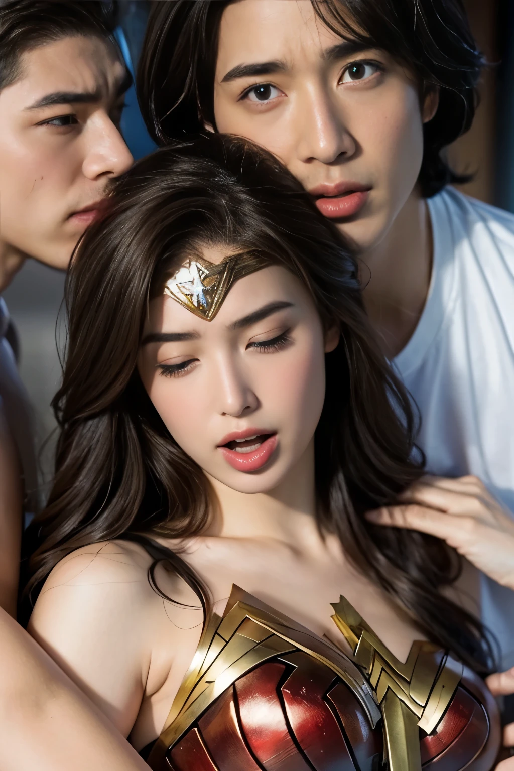 私はWonder Womanです、完璧なWonder Womanの衣装,お姫様Hugged,Hugged,You can hold it,Leaning on the man,Hugged,Can be lifted,Men lick my face with their tongues,The guys lick my head with their tongues,Men lick my hair with their tongues,My body is licked by men,sleeping face,Close ~ eyes,Open your mouth,Tired face,Face of Suffering,sleeping face,slap,Getting punched in the face,Fighting with men,Fight with the men,Surrounded by men,,caught between men,Being held back by men,Entanglement with males, Attacked by men,Brown Hair, masterpiece、beautiful girl、fine 目、puffy eyes、highest quality, 超High resolution, (reality: 1.4), Cinema Lighting,so beautiful、Beautiful Skin、(超reality的な)、(High resolution)、(8k)、(Very detailed)、(beautiful and fine 目)、(Very detailed)、 Detailed face、Diagonal bangle hair、Brown Hair、20-year-old、Wonder Womanのコスプレ,Wonder Woman
