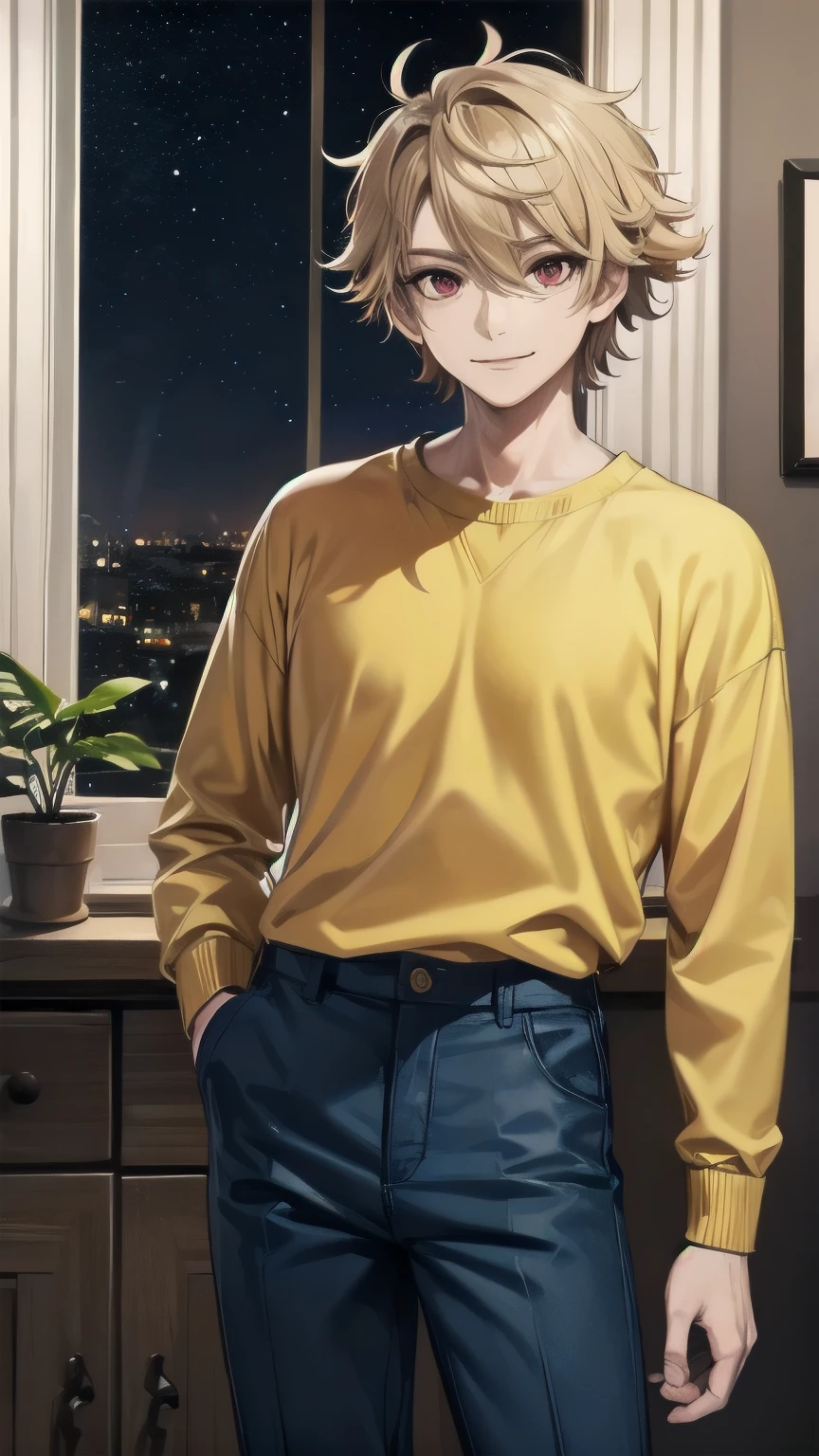 (masterpiece), best quality, expressive eyes, perfect face, mature male, (1boy, handsome man), solo, blond hair, messy hair, red eyes BREAK muscle growth, winter, indoors, window, night sky, living room, standing, coffee, looking at viewer, yellow sweater BREAK blue pants BREAK closed mouth, smile, looking at viewer
