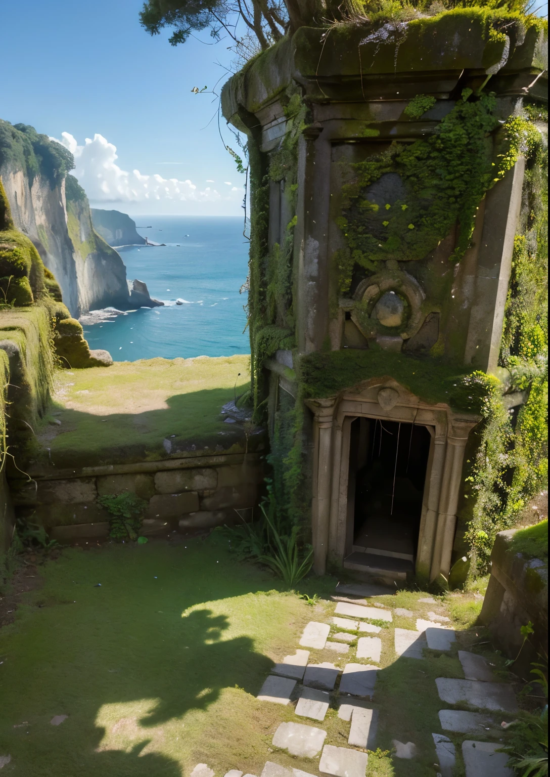 (masterpiece、highest quality:1.2)、8k、You can see the ocean、Ancient ruins on the cliff、It is covered with moss and ivy.