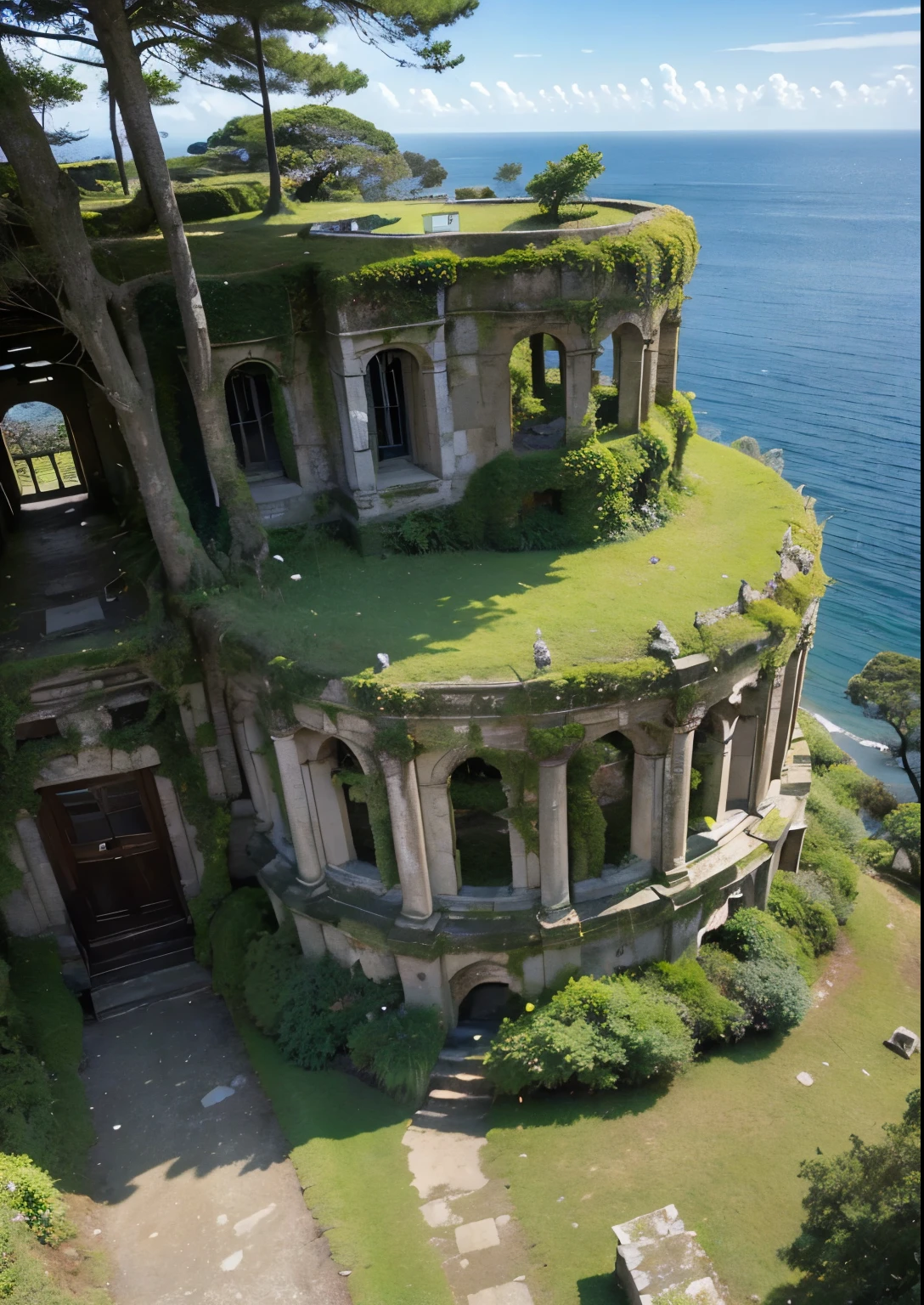 (masterpiece、highest quality:1.2)、8k、You can see the ocean、Ancient ruins on the cliff、It is covered with moss and ivy.