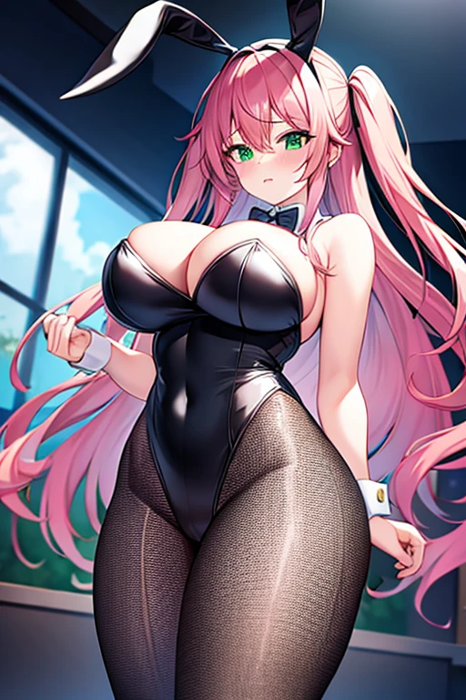 1girl, bunnysuit, bunny ears, pink hair, green eyes, wavy hair, hair over eyes, long bangs, bangs over eyes, shy, wavy mouth, black leotard, rabbit ears, huge breasts, thick thighs, pantyhose, bowtie, cleavage, red bowtie, wide hips, mature female, tall, tall female