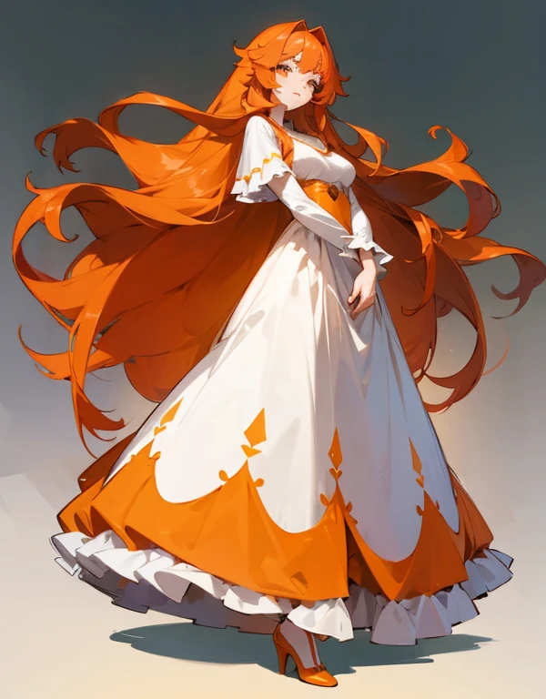 woman、Orange Hair、Long Hair、Fluffy hair、Long dress、Large Breastature、In anime style、Full body illustration、Character portrait、front、cool、front