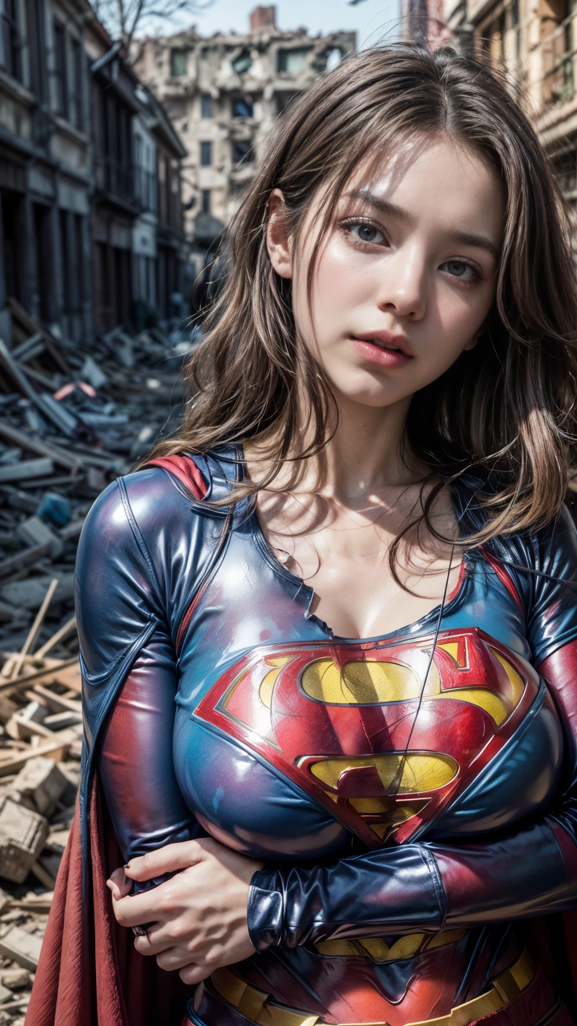 (best quality,4k,8k,highres,masterpiece:1.2),ultra-detailed,(realistic,photorealistic,photo-realistic:1.4), profesional photograph by dubnitskiy davids, natural light, in frame, portraits, a beautiful young girl, wearing ((red black latex:1.2), (super-man likeness:1.3)), seductive looks, soft glow, elegant beauty, detailed blue grey eyes, sensual pose, delicate skin texture, flowing messy pink hair,bob style, innocent expression, busty posture, collarbone, naturally droopy breast, huge breast, (siting with cross-legged:1.3), (hug up her breast by her hand:1.3), (surrounded by ruins of high buildings in daylight:1.4), subtle shadows, floral foreground, shallow depth of field, (cool color tones:1.2), foggy atmosphere, fine art photography, facing forward, wide angle, (seen from below:1.0), photon mapping, erotic, aesthetic