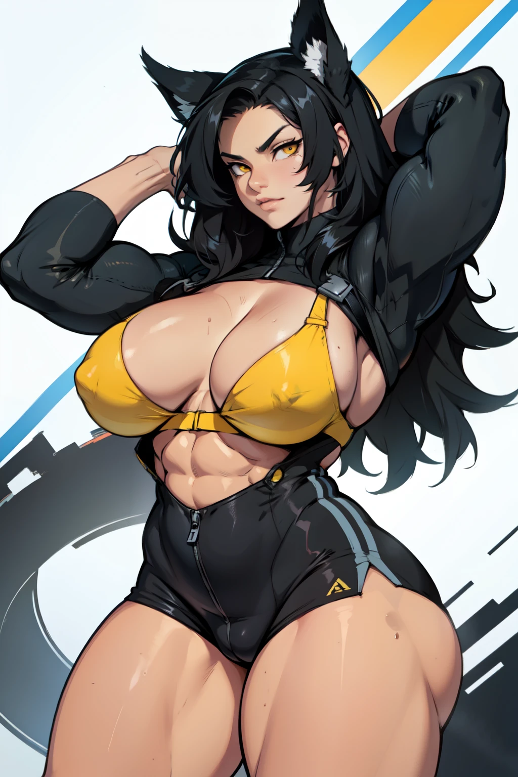 solo muscular thick thighs huge breasts black hair yellow eyes