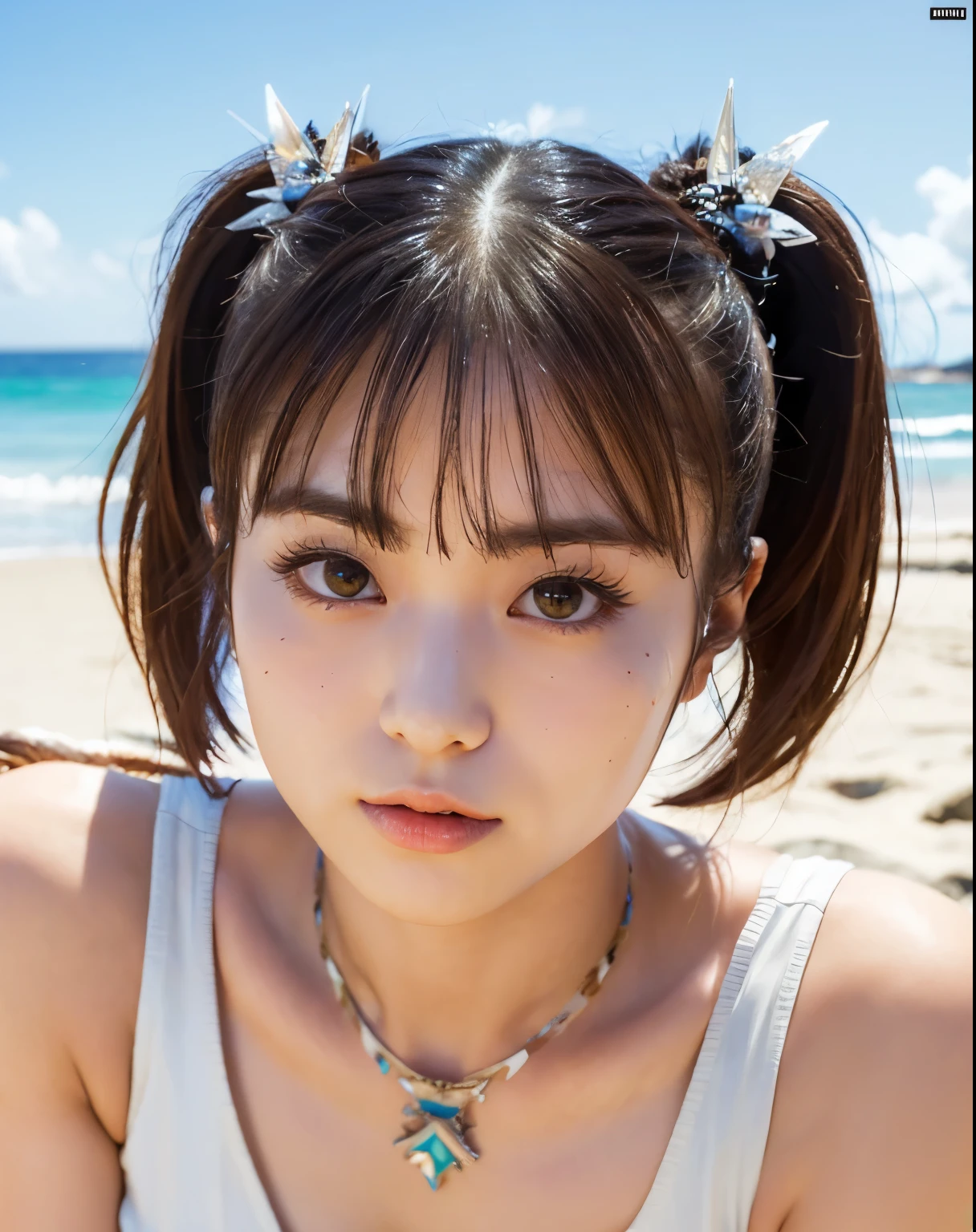 (highest quality:1.2),masterpiece,Ultra-high resolution photos,(Perfect beautiful face 1.2),(Perfect and beautiful posture:1.2),(Beauty, female barbarian:1.2), Thick muscular body, Twin tail hair,Clear Eyes, Wearing a white dress, On a date on the beach of a deserted island, Sharp Eye, Thick eyebrows, Brush your hair up