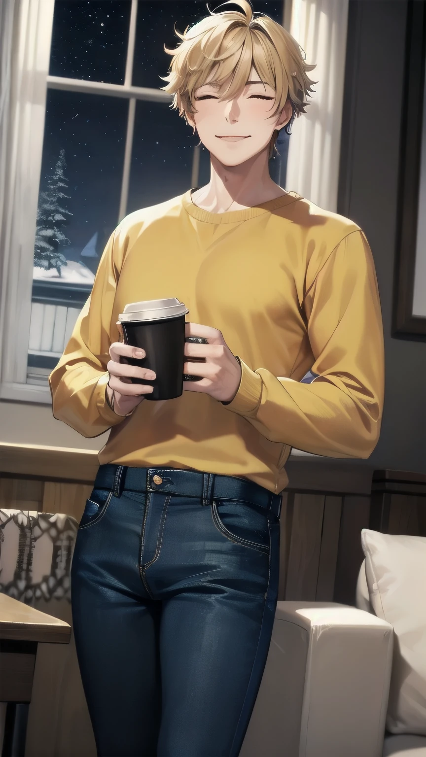 (masterpiece), best quality, closed eyes, perfect face, mature male, (1boy, handsome man), solo, blond hair, messy hair, muscle growth, winter, indoors, window, night sky, living room, standing, coffee, looking at viewer, yellow sweater BREAK blue pants BREAK closed mouth, smile, looking at viewer