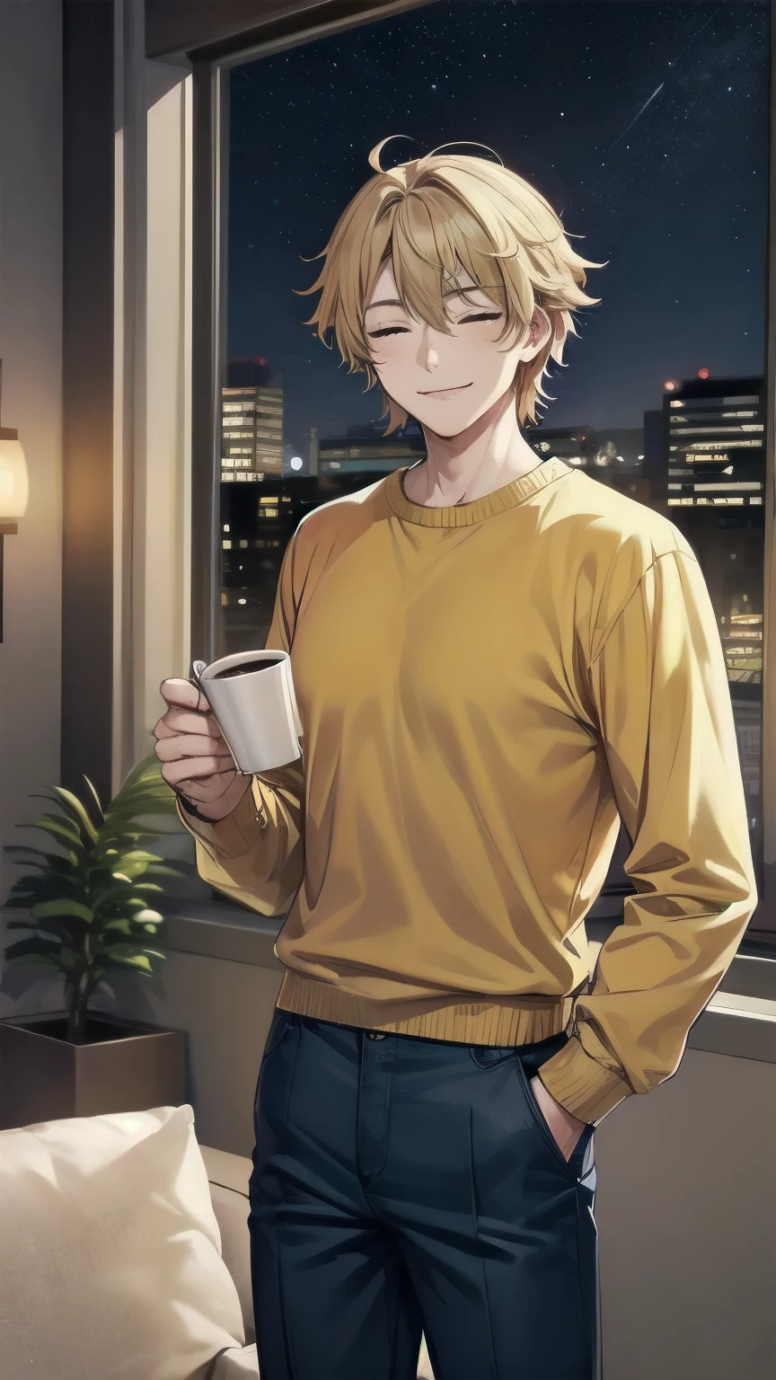 (masterpiece), best quality, closed eyes, perfect face, mature male, (1boy, handsome man), solo, blond hair, messy hair, muscle growth, winter, indoors, window, night sky, living room, standing, coffee, looking at viewer, yellow sweater BREAK blue pants BREAK closed mouth, smile, looking at viewer 