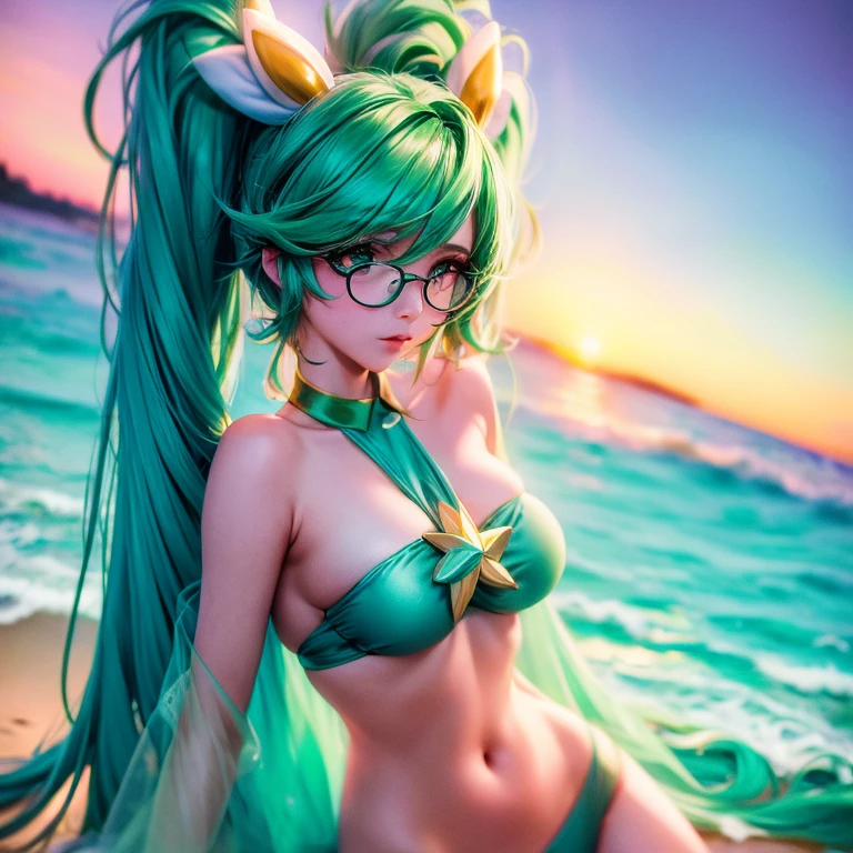 Star guardian Sona, bem detalhado, green bikini, na praia, mostrando o corpo todo, bastante sensual, durante o por do sol.