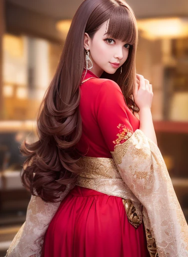 A masterpiece, (super high quality:1.32), (Ultra-high resolution:1.4), (超A high resolution: 1.3), (CG Unity 8k Wallpaper:1.2), (Fine grain and skin:1.35), (Detailed facial features:1.25), (Fine grain:1.36), Accurate and perfect human anatomy, (Textured skin: 1.26),
(Realistic, number々Award-winning photos of: 1.27), Full Body Shot、Depth of written boundary, realism、Super detailed photos、
Wavy Curly Hair、drooping eyes, Long eyelashes, Are crying, (Red eyes:1.28)), Brown haired, Thick bangs, Shiny Hair、A happy smile、
(Maihime Costume:1.4), Attracting the gaze of many male customers、on stage、From the back, Looking back at the audience,
