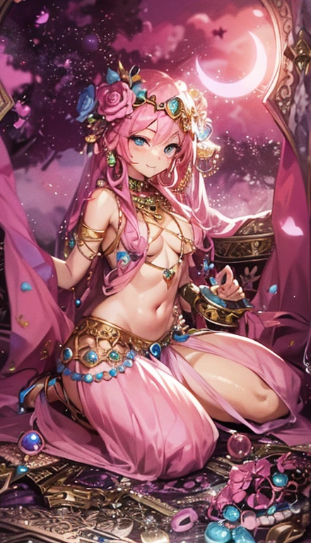 A smug narcissistic pink haired woman wearing a pink bra and blue pants and lots of jewelry flaunting herself