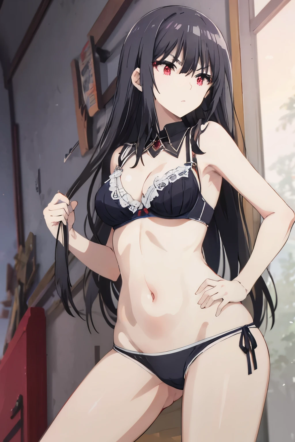 Bra,underwear,bikini,red eyes,black hair