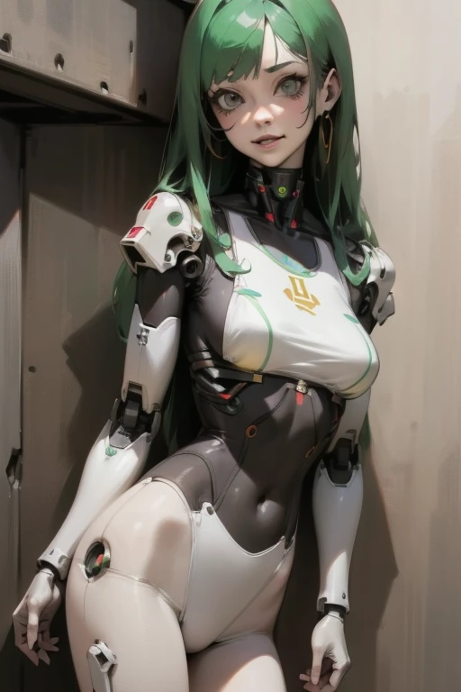 cyborg、Cyberpunk Girl、Mechanical armor on both arms、Futuristic goggles、long green hair、White clothing
