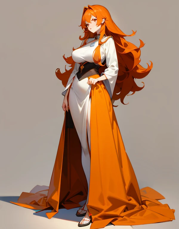 woman、Orange Hair、Long Hair、Fluffy hair、Long dress、Large Breasts、Grown-up、Anime Style、Full body illustration、Standing portrait style、front、With a cool feeling
