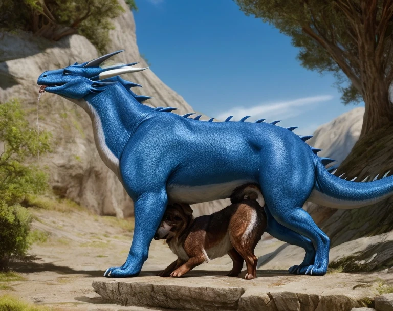 ((((photorealistic feral dog with blue dragon)))), ((((feral, duo)))),  ((((from behind, side view, saliva)))), ((((ass, ass-to-ass, looking away from each other,  back to back, all fours, anal)))), outside, sunny, blue skys, best quality, shaded, extreme detail, highly detailed, ultradetailed, intricate, realistic, detailed background, hi res, realistic, photorealism, 