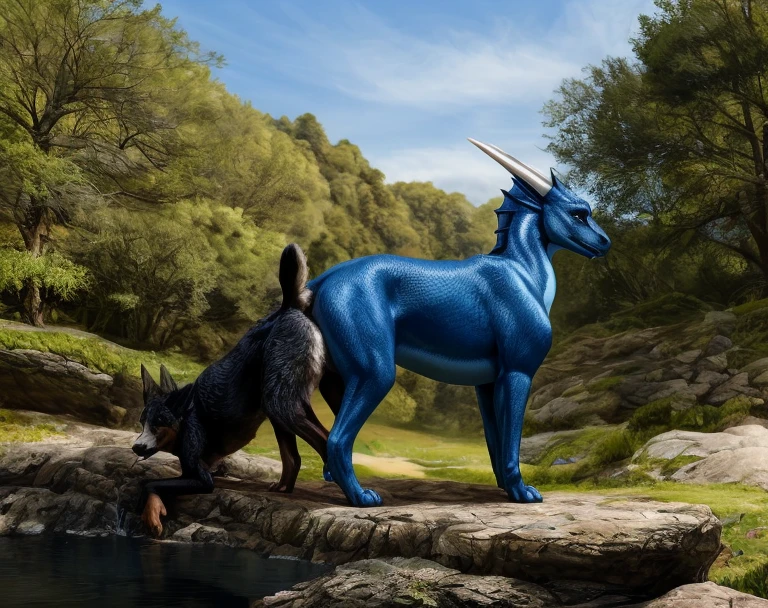 ((((photorealistic feral dog with blue dragon)))), ((((feral, duo)))),  ((((from behind, side view, saliva)))), ((((ass, ass-to-ass, looking away from each other,  back to back, all fours, anal)))), outside, sunny, blue skys, best quality, shaded, extreme detail, highly detailed, ultradetailed, intricate, realistic, detailed background, hi res, realistic, photorealism, 