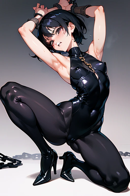 Japanese、woman,Black Hair、short hair、Married Woman、Big Lips、Visible nipples、Small size breasts、Flat Chest、Painful face、patience、forward leaning posture、刑務所に排尿するwoman、incontinence、Black tight dress、Dresses with slits、Squat positions、Spread your legs、Electric shock、Sweat、High heels、Grit your teeth、Front of the body、bondage、Suppressed、Exposed armpits、Hands tied with chains