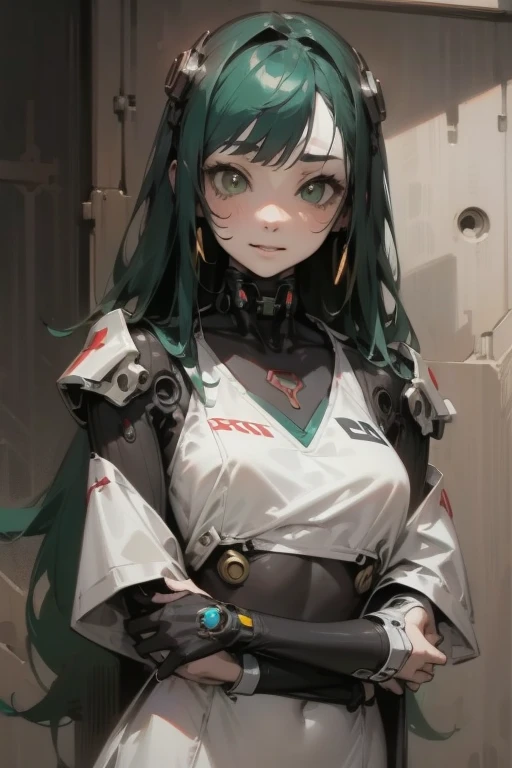 cyborg、Cyberpunk Girl、Mechanical armor on both arms、Futuristic goggles、long green hair、White clothing
