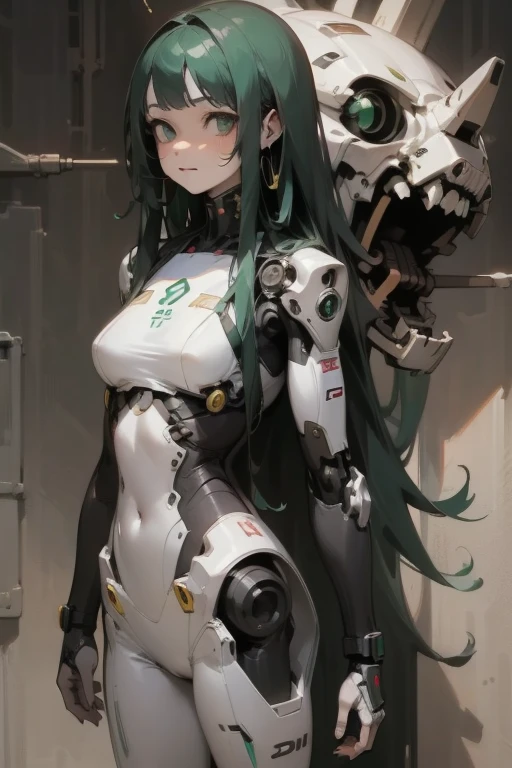cyborg、Cyberpunk Girl、Mechanical armor on both arms、Futuristic goggles、long green hair、White clothing
