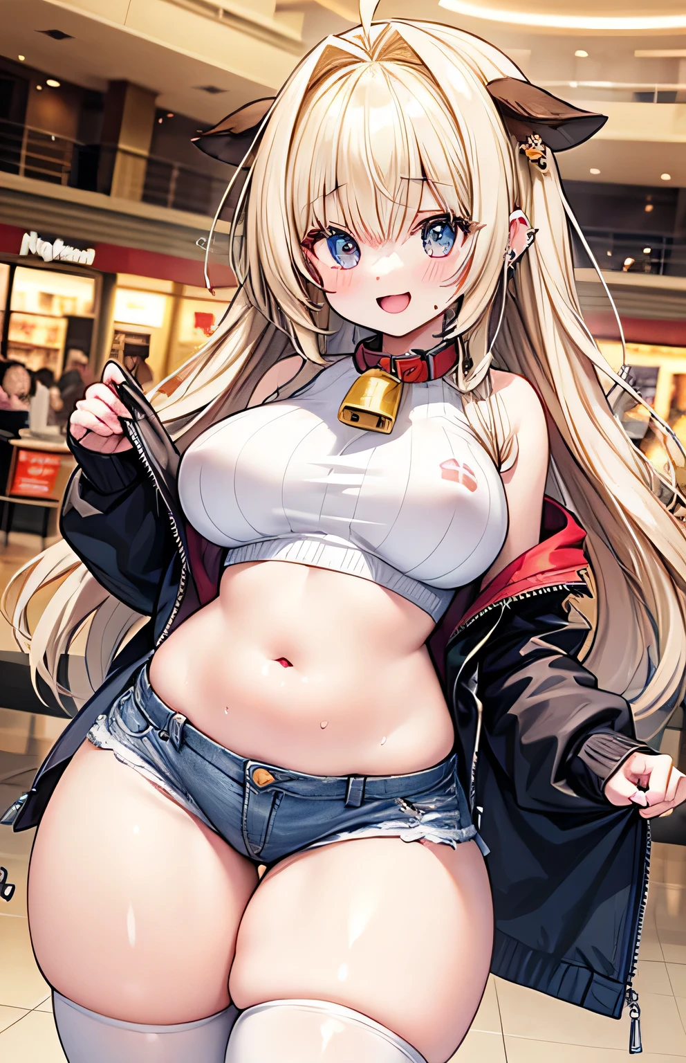 Anime illustration、highest quality、Short high school girl、Cowbell collar、Belly button piercing、Tube top、Cow print knee socks、Perfect proportions、Shopping mall、Clear skies、overwhelmingly big breasts、Beautiful, shining eyes、Cowboy Shot、smile、Excessive sweating、Noise Reduction