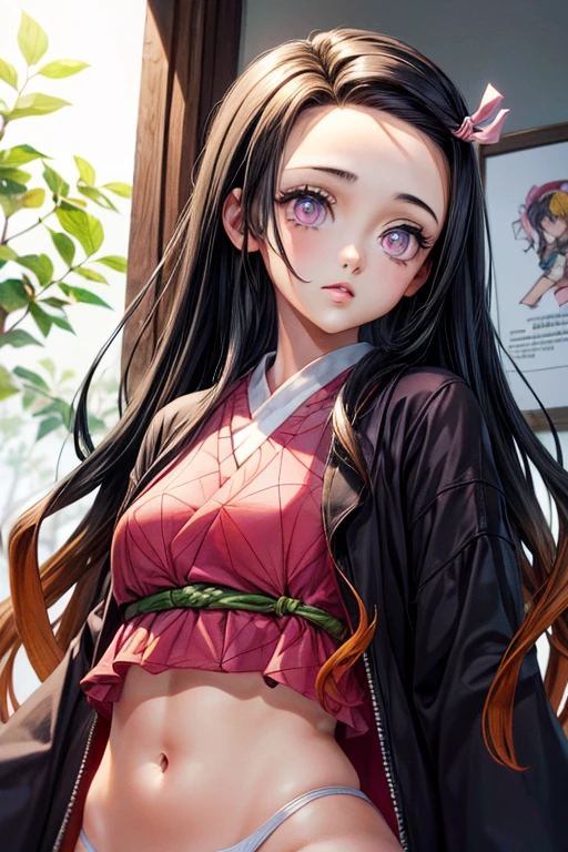 (Ultra Real), (illustration), (high resolution), (8k), (Muito detalhado), (Best illustration), (lindos olhos detalhados), (melhor qualidade), (ultra detalhado), (obra de arte), (papel de parede), (rosto detalhado), Upper body at night, sorvete,Cabelo longo,Sozinho,Top Girl Quimono Simples, suado, Person from Japan, grande , (camel toe) Nezuko Kamado,
