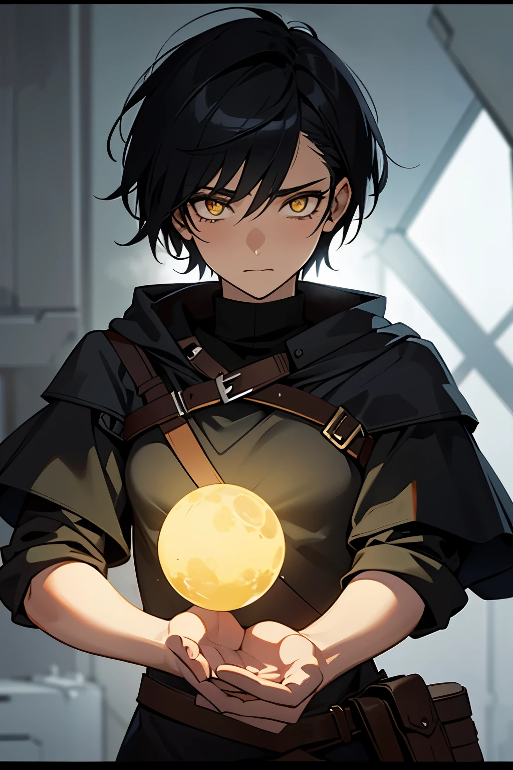 (high-quality, breathtaking),(expressive eyes, perfect face) ((1boy)), male, solo, young adult, black hair, yellow eyes, (short spiky hairstyles) short hair length, (dark skin), soft serious expression, Archer profession, thief attire, cargo pants, lots of belts, Black leather armor, cloak and dagger, environment background, fantasy clothing, fantasy attire, DnD rogue Class, half body, black and brown clothing palette, ((tan skin color)), rogue, leather arm guards, fantasy, (big Stigmata), character focus, ((black light)),((dark lighting)), cinematic lighting ,(darkness), (concept art), (glowing eyes), high resolution, extremely detailed CG unity 8k wallpaper, ((masterpiece)), ((top-quality)), (beautiful illustration), ((an extremely delicate and beautiful)), (masterpiece, Best quality, ultra high resolution), glowing yellow eyes, Luminous_eyes, ultra detailed eyes, Beautiful and detailed face, detailed eyes, (Centered, torso), (wide shot:0.9), facing the viewer, Eye level, ((fully clothed))
