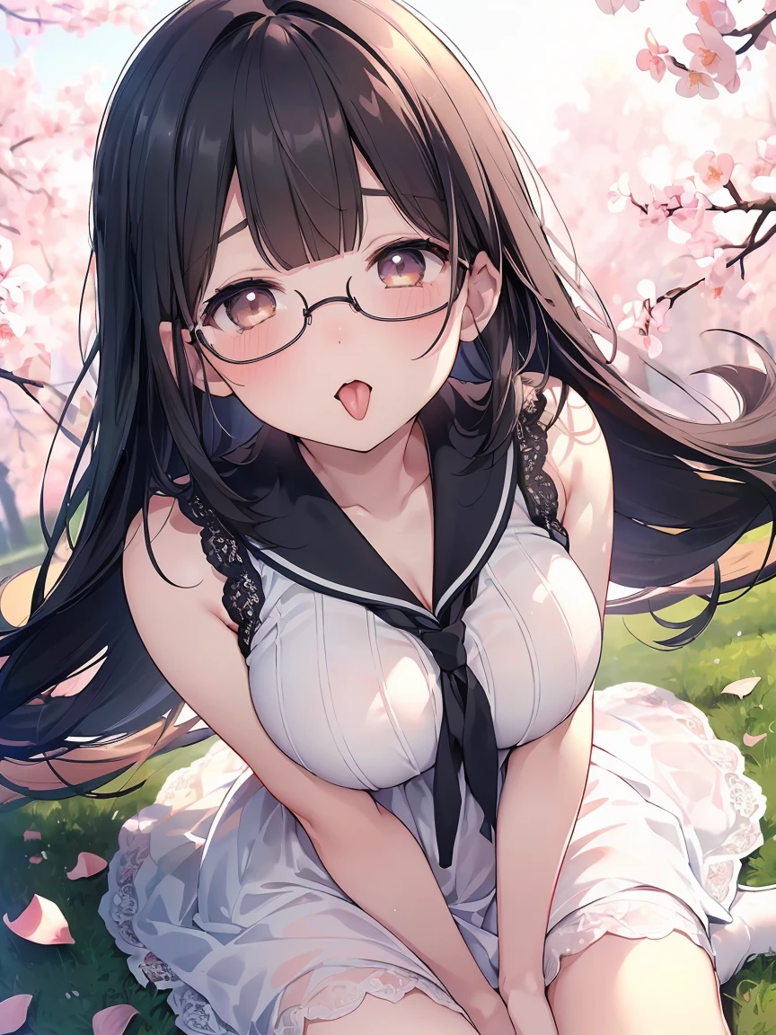 Very detailed, highest quality, High resolution, Moe Anime, ((Cute girl with black hair and droopy eyes)), ((Wearing large round glasses:1.4)), (Baby Face), Cute eyes, Detailed eye depiction, Sparkle in the eyes, View your viewers, Pale skin, (Big eyes:1.4, Droopy eyes:1.4, Fatty face:1.4), smile, Focus on the face, In the park with cherry blossoms falling, Sitting, (Extreme close up of tongue), (((From above))), Open your mouth, (((Face only:1.3))), ((white lace sleeveless dress)), Bright Eyes, Light from the front, (Put your hands between your legs:1.4), large and long tongue, Cleavage