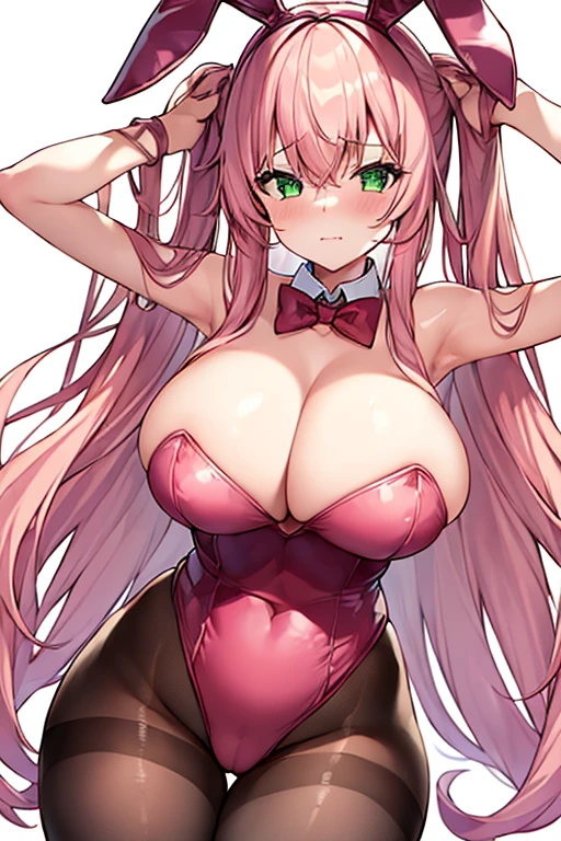 1girl, bunnysuit, bunny ears, pink hair, green eyes, wavy hair, hair over eyes, long bangs, bangs over eyes, shy, wavy mouth, black leotard, rabbit ears, huge breasts, thick thighs, pantyhose, bowtie, cleavage, red bowtie, wide hips, mature female, tall, tall female