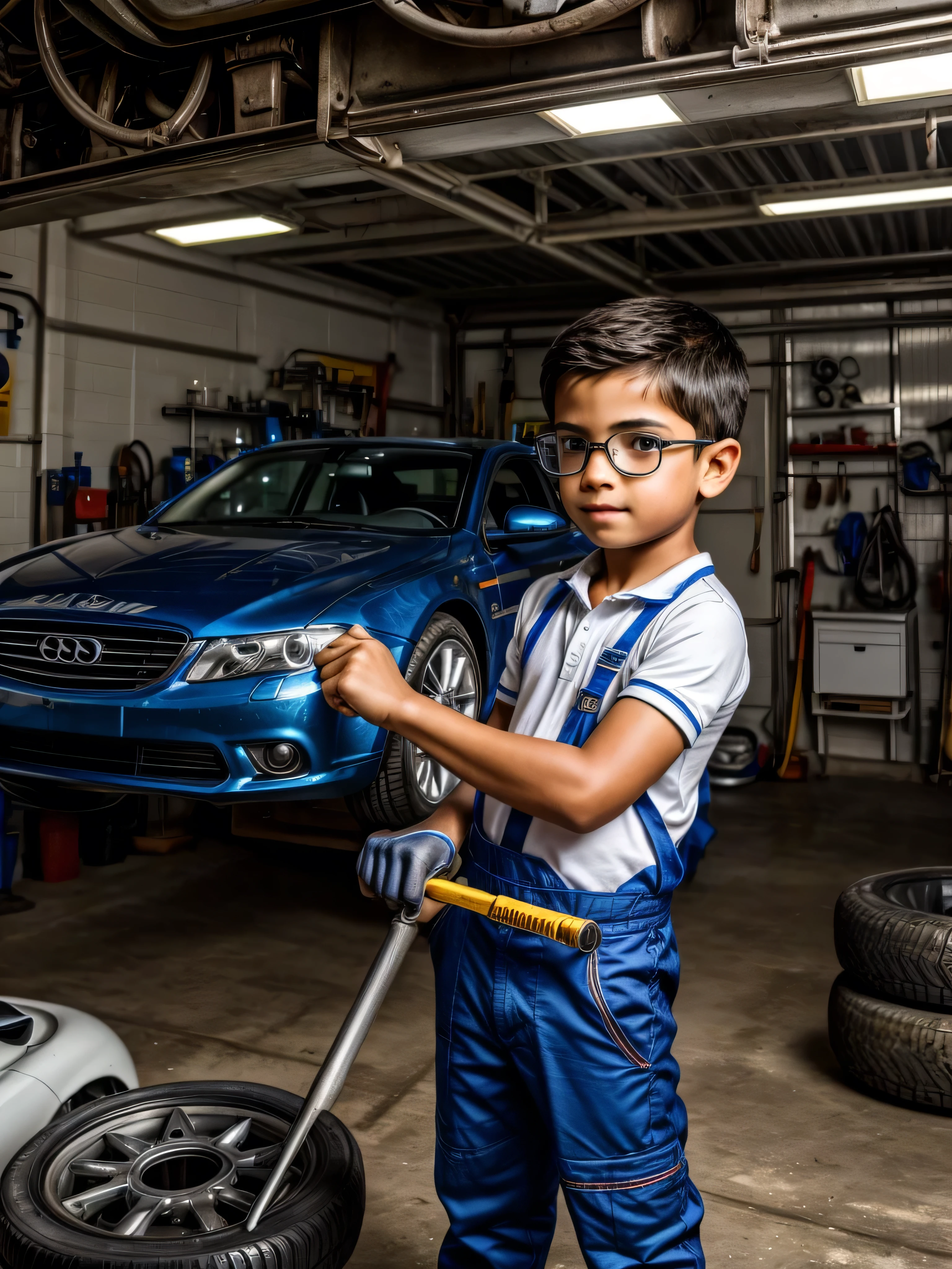 Ultra Realistic, masterpiece, high definition, highly detailed, 8K, a cute Brazilian boy , a 8 year old boy, highly detailed face, fair and glossy skin, highly detailed body, wearing mechanic's outfit, wearing gloves and glasses, holding screwdrivers, resembling a automobile mechanic, looking at the viewer, He's working on a car engine , full body view, proper car garage interiors at the background, perfect background. Mechanics are working at the garage, car garage, repairs, bonet opened cars, tyres hung,
