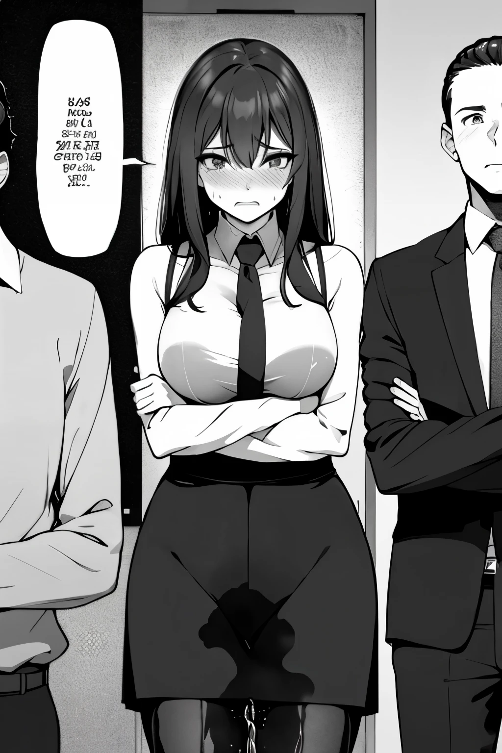 A woman with long black hair, wearing a business outfit consisting of a suit, pencil skirt:, and pantyhose, stands in a monochrome setting. The artwork is inspired by manga and incorporates a doujin style. The woman appears to be (wetting herself:1.5), which causes her to feel embarrassed and humiliated, resulting in a blush on her face. In addition, there is an air of anger in her expression. The lighting in the scene is moody, with a spotlight highlighting the woman's figure. She is crossing her arms, (arms crossed:1.75), fully showcasing her skirt., medium breasts