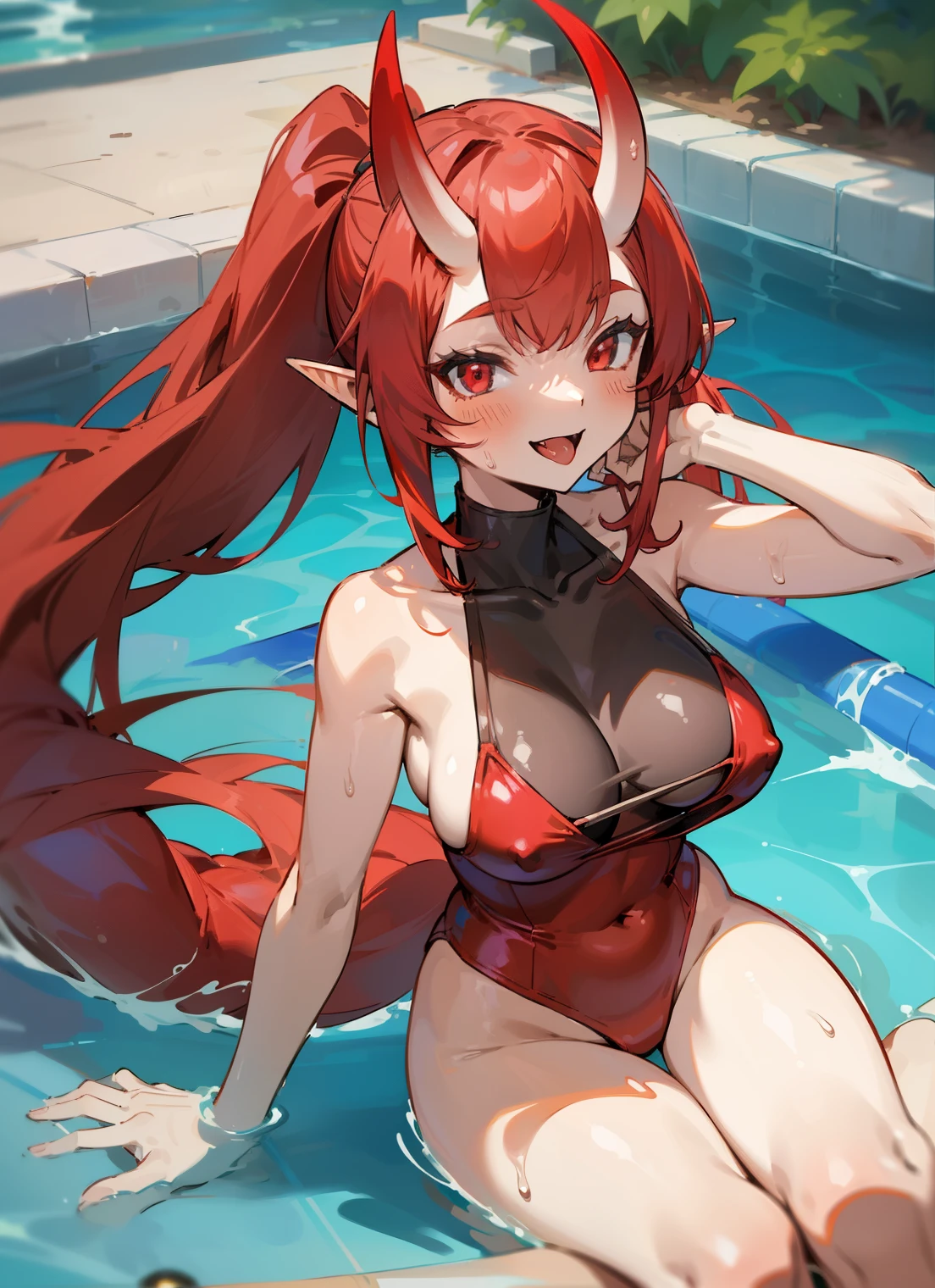 1oni woman,mature female,solo,happy expression,meduum breasts,red hair,long twintail hair,elves ears,oni horns,red eyes,smile,open mouth, Tongue out, swimsuit, in the pool, red eyes, red swimsuit, tight swimsuit, monokini