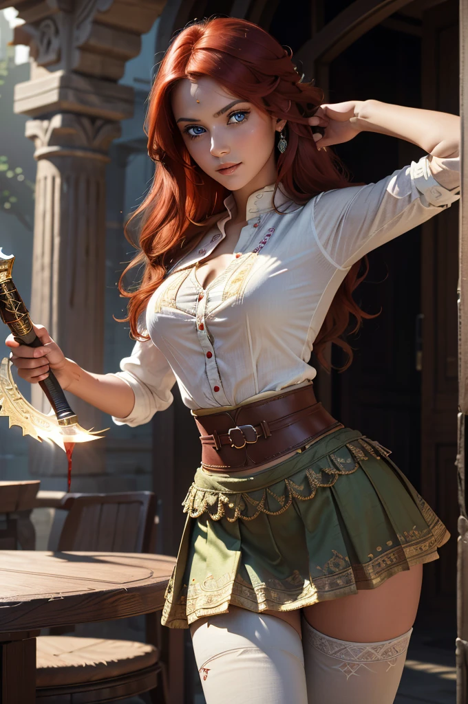 A red-haired, blue-eyed woman, set in a 1920 setting, combat bloody, bloody, combat stance, with a 2-foot long-handled dagger in her hand wearing a school girl mini skirt, red-Crimson hair, South-Indian woman, olive-skinned woman, red-haired woman with mesmerizing features, masterpiece, top quality, best quality, official art, beautiful and aesthetic:1.2), (1girl), extreme detailed,(fractal art:1.3), colorful, highest detailed, (masterpiece, best quality:1.3) 1 blue-eyed woman, professional digital painting, Unreal Engine 5. Wearing an embroidered Indian silk linen blouse, Wearing a short pleated skirt, Long hair, hopeful expression, finely detailed eyes, smiling, epic scene, epic composition, Cinematic Lighting, Volumetric Lighting, ethereal light, intricate details, extremely detailed volumetric rays. Blue Eyes. [Beautiful girl, linen shirt and pants, oil painting, Detailed facial features, Sunlight, bright colors, dramatic lighting, expressive eyes, and lips, High Resolution, 4K quality, Photorealistic] 1920 clothing, 1930 clothing,
