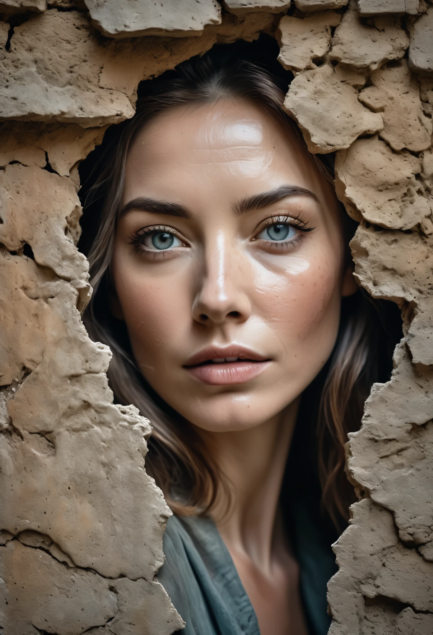 a woman's face emerges from a rustic wall as if it were stuck in the wall, this face with the texture of the wall as if it were made of wax and clay, photo realistic, cinematic, movie still, captured in the style of Sony Alpha A7 III camera