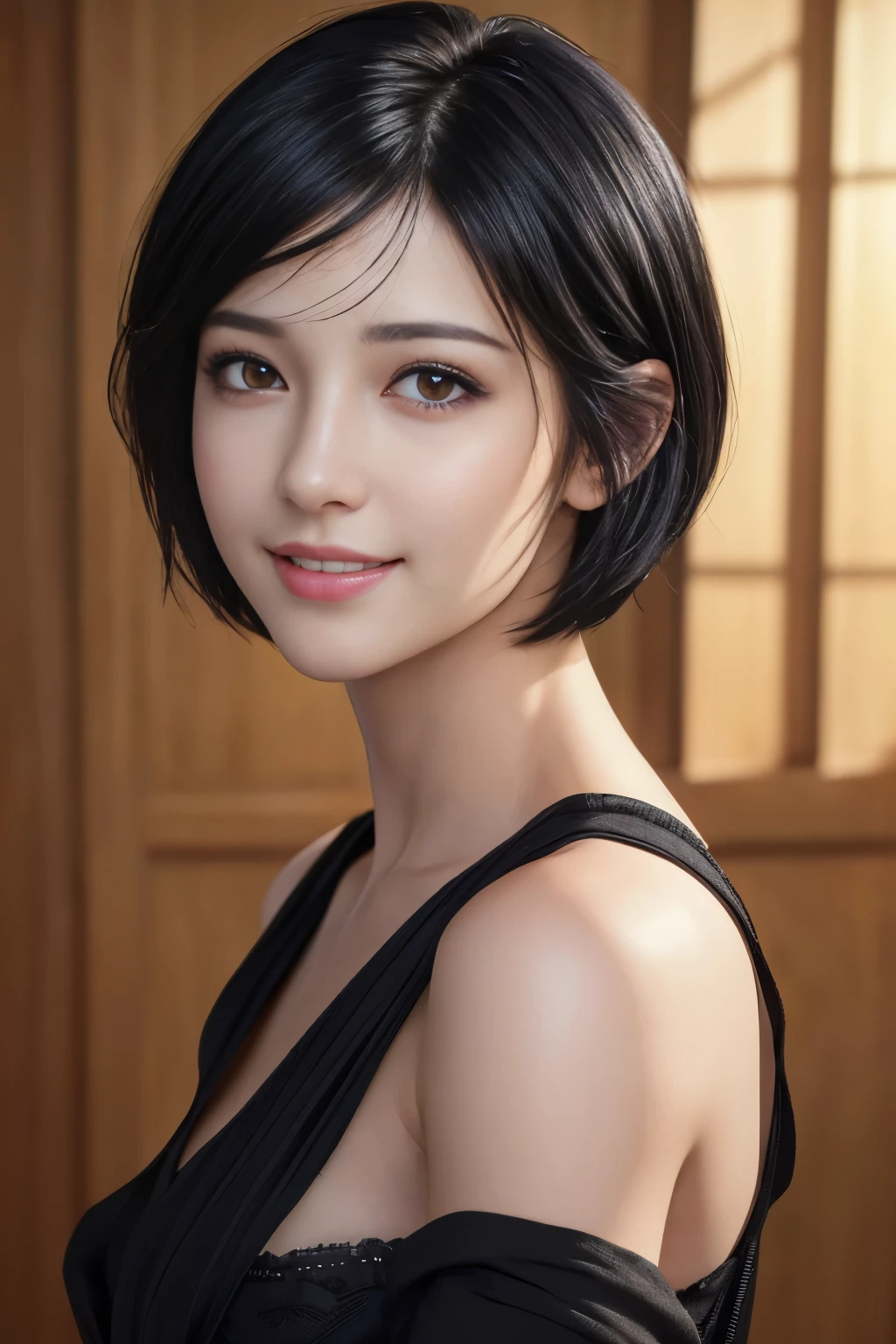 (masterpiece:1.3), (8k, photorealistic, RAW photo, best quality: 1.4), (1girl), beautiful face,smile, (realistic face), (black hair, short hair:1.3), beautiful hairstyle, realistic eyes, beautiful detailed eyes, (realistic skin), beautiful skin, (No sleeve), absurdres, attractive, ultra high res, ultra realistic, highly detailed, golden ratio