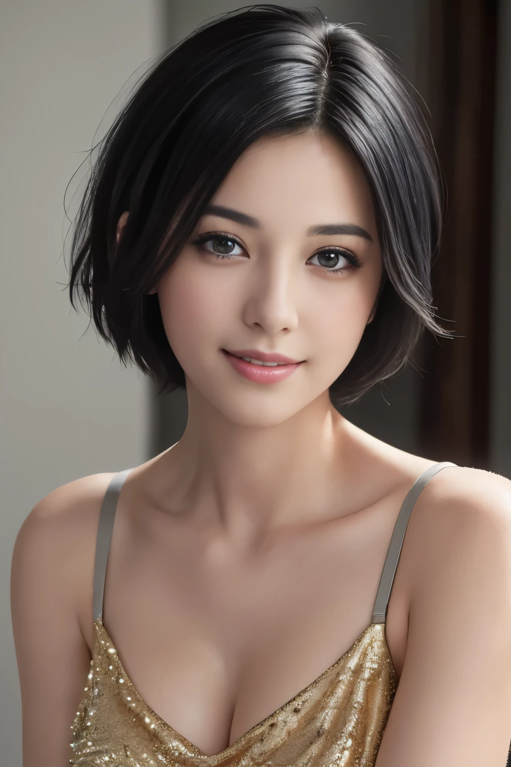(masterpiece:1.3), (8k, photorealistic, RAW photo, best quality: 1.4), (1girl), beautiful face, smile, (realistic face), (black hair, short hair:1.3), beautiful hairstyle, realistic eyes, beautiful detailed eyes, (realistic skin), beautiful skin, (Sexy sleeveless), (C cup bust), absurdres, attractive, ultra high res, ultra realistic, highly detailed, golden ratio