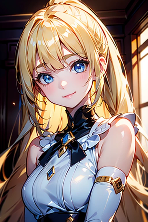 Portrait、、Bright expression、ponytail、Young, shiny, white, glossy skin、Gloss Face、Shining Cheek Gloss、Small Face Beauty、The best beauty、The dazzling light of blonde hair、Bright blonde hair with dazzling highlights、Very beautiful shiny light blonde hair、super long silky straight hair、Her shiny, beautiful bangs are covering her eyes.、Sparkling, clear, attractive, bright, large, pale blue eyes、Very big eyes、eyeliner、very beautiful lovely cute 16 year old girl、Ample Bust, full body , smile 