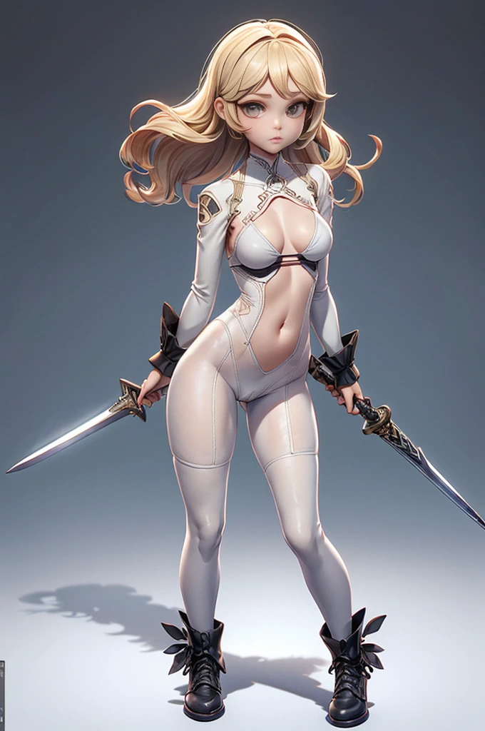 Nier automata, (nier automata), solo, ray tracing, Estilo 3D, 3DMM, corpo inteiro,(Front view), (Emist on the left),(seios muito grande),barriga perfeita, perfect and symmetrical eyes, (perfect handuturistic sword in hand)), ((cabelos curto)), pele clara, cintura fina, pernas grande, low water, Show legs to the top of the waist, (tecido partido caindo sobre as pernas),((top muito aberto)),pele ultra realista, pele ultra detalhada, olhos realistas humano,pele ultra realista,traje super sensual, top com babados,(pubis com muito volume),(extremamente sensual),(very sensual),((saia rodada com texturas detalhas nas extremidades)),((saia rodada com abertura em uma das laterias)),((saia curta projetada para traz)),((bodysuit extremamente fino branco cavado)),((white bodysuit with slit to the waist)),((mid-waist bodysuit)),(mostrar pernaostrar pernas), top quadriculado, fendas da cintura para a coxa, desenhos decorando tecidos, linhas acesas no tecido,texturas bem definidas, dress flying backwards,(((bodysuit cavado branco))),(((bodysuit fino e cavado branco no alto da cintura))),(((ninfa))),(((ninfeta))),((ninfeta)),(((modelo coreana))),(((sling bikini)))