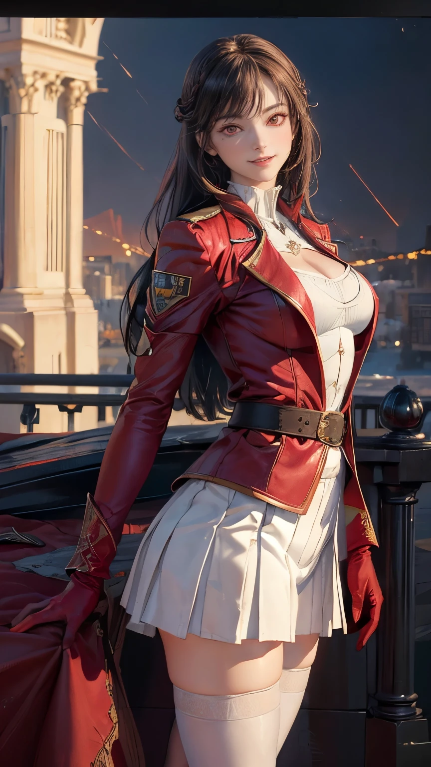 highest quality, 4K, High resolution, masterpiece:1.2, Super detailed,(front:1.9), (Realistic, Realistic, Photorealistic:1.6), Vibrant, red and blue eyes,Strong gaze,Seductive eye contact,Bright red iris,Shining stars in the dark blue,Sparkling Eyes,vividな色彩,(frontを向く:1.5),Fantasy art,(masterpiece:1.2, highest quality), (Realistic, photoRealistic:1.4), Beautiful illustrations, (Natural Side Lighting, Cinema Lighting), Looking at the audience, Upper Body, "Dramatic hyper-realistic aafng ultra-realistic illustrations,Braiding,uniform,Red jacket,Straps to be placed between the breasts,White gloves,belt,Pleated skirt,Black Skirt,White Pantyhose,Cowboy Shot,Are standing,Outdoor,View your viewers,Arms at your sides,Straight,(Huge breasts:1.1),Tight waist,(Forced smile:1.5),(Red eyes:1.5),(Huge Ass)",Pixabay,8k,Low angle shot,vivid,Cinema Lighting,(Very detailed),(Depth of written boundary:1.5)