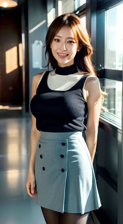 ulzzang -6500-v1.1, (Raw photo:1.2), (Photorealsitic), Beautiful detailed, (Real: 1.4), ighly detailedな目と顔, beatiful detailed eyes, Standing in the office、(Sleeveless High Neck Sweater、flered skirt:1.2)、(Ultra-realistic pantyhose、high-heels)、Standing cross-legged、huge filesize, hight resolution, ighly detailed, top-quality, [​masterpiece:1.6], illustratio, ighly detailed, nffsw, finely detail, top-quality, 8k wallpaper, Cinematographic lighting, 1 milf, 43 yeas old, perfect body type, cute droopy eyes beautiful big eyes、Pieckfinger, ((masutepiece)), Best Quality, 1 milf, eye shadow, Portrait, ((FULL BODYSHOT:1.4))、(Very affectionate smile:1.2)、