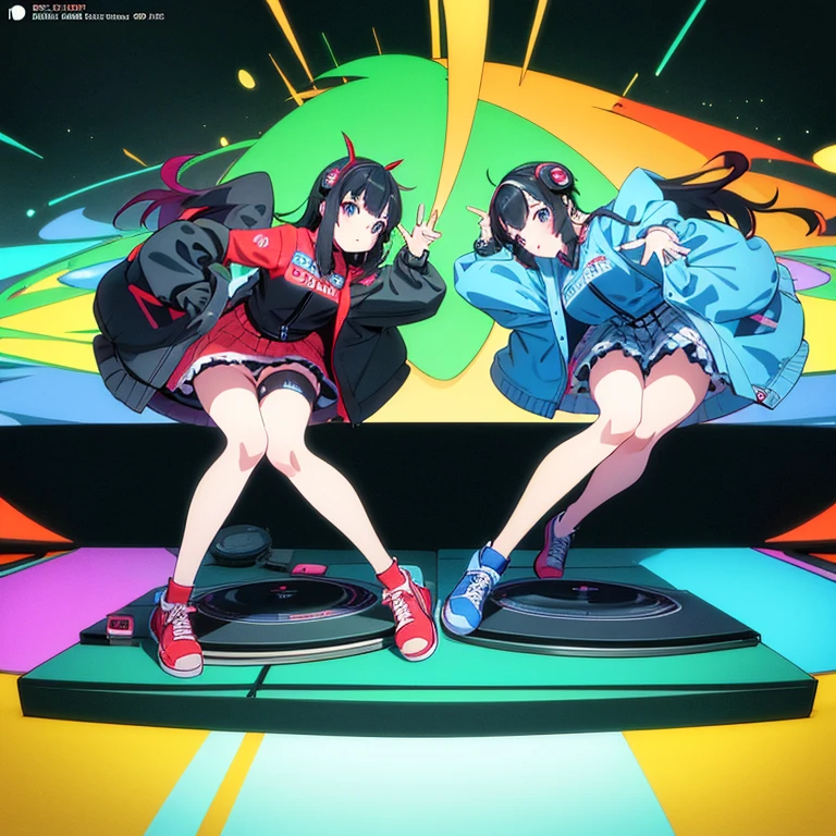 two anime girls in headphones are playing music on a turntable, anime vibes, anime style 4 k, ig studios anime style, nightcore, 8 0 s anime vibe, anime girls, anime style. 8k, lofi artstyle, dj sura, anime moe artstyle, anime style illustration, trending on cgstation, anime style artwork, e - girl flying attack
