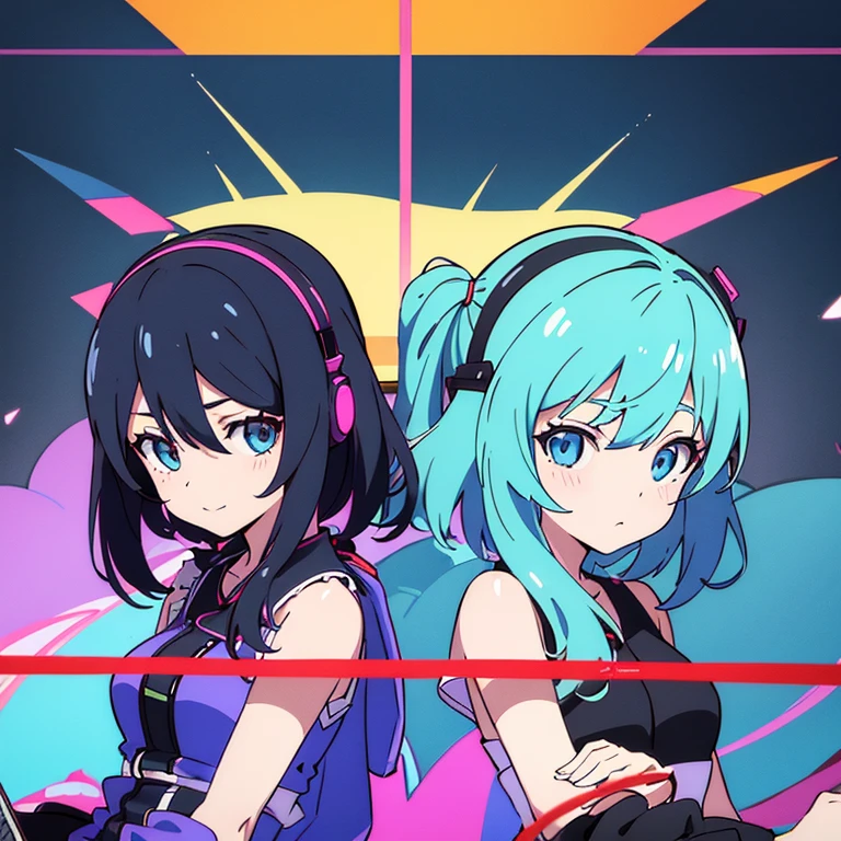 two anime girls in headphones are playing music on a turntable, anime vibes, anime style 4 k, ig studios anime style, nightcore, 8 0 s anime vibe, anime girls, anime style. 8k, lofi artstyle, dj sura, anime moe artstyle, anime style illustration, trending on cgstation, anime style artwork, e - girl flying attack
