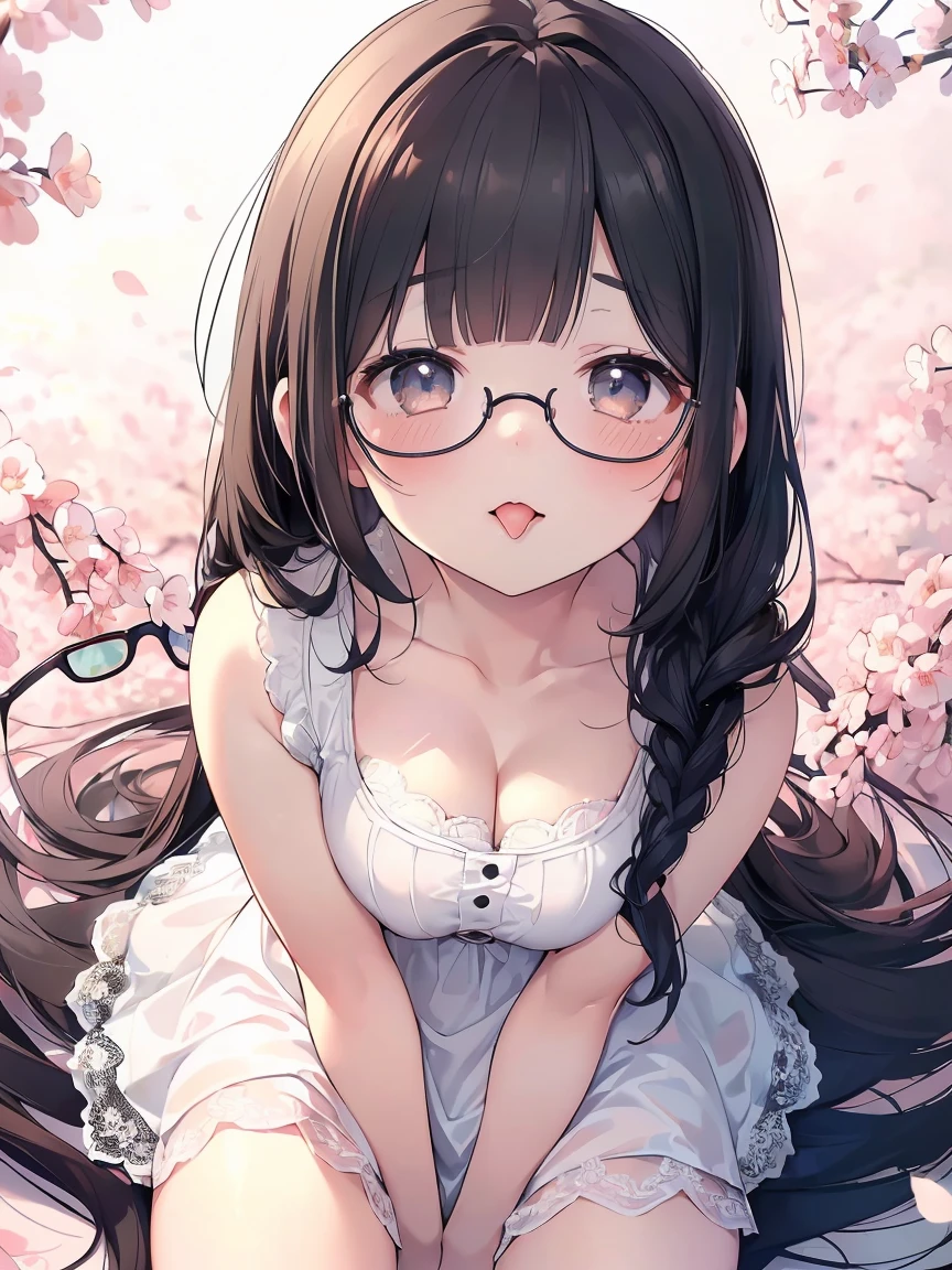 Very detailed, highest quality, High resolution, Moe Anime, ((Cute girl with black hair and droopy eyes)), ((Wearing large round glasses:1.4)), (Baby Face), Cute eyes, Detailed eye depiction, Sparkle in the eyes, View your viewers, Pale skin, (Big eyes:1.4, Droopy eyes:1.4, Fatty face:1.4), smile, Focus on the face, In the park with cherry blossoms falling, Sitting, (Extreme close up of tongue), (((From above))), Open your mouth, (((Face only:1.3))), ((white lace sleeveless dress)), Bright Eyes, Light from the front, (Put your hands between your legs:1.4), large and long tongue, Cleavage