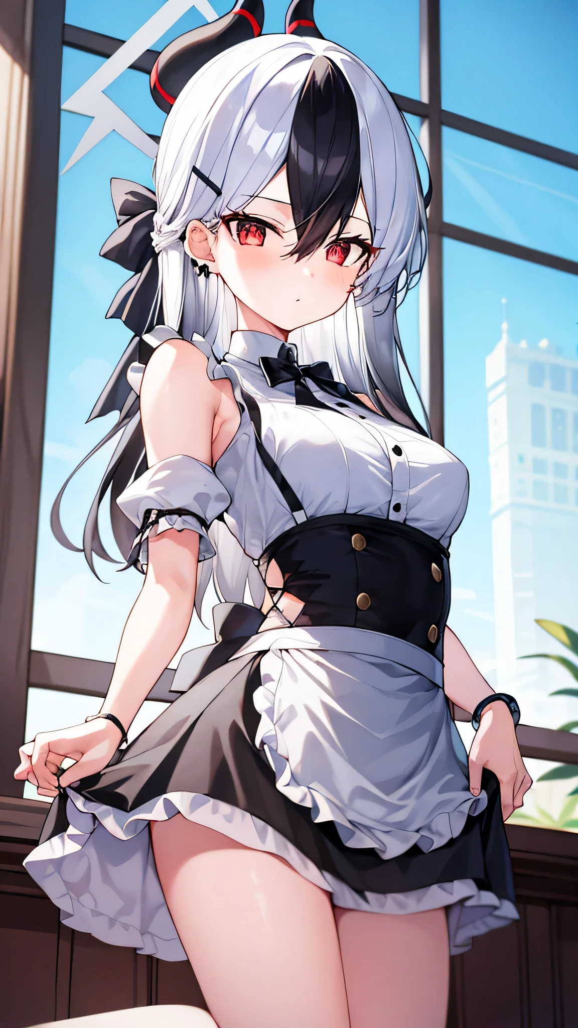1 girl, , Solitary, lift your legs, Long hair, skirt, orange_hair, maid_have, Watch_Take a step back, Watch_Shown in_Peeping at the audience, By Bangs, Black_lift your legs, Blushed, Black_skirt, he himself, short_sleeve, clothing_lift, wrist_cuff, decorate, skirt_lift, Big deal_, lifted_Pasado_Self-expression, Translucent liquid from_Shown in the back, maid, Fluffy_short_sleeve, Side lock, Fluffy_sleeve, crops_top, blunt_By Bangs, , awago outh, Big deal腿, Black_have eyes, chair, Kneel down, Frilly_skirt, _go out, Shown in indoors, window,